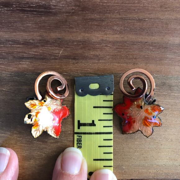VTG 1950s Matisse Renoir Copper Leaf Enamel Clip On Earrings Signed Fall Maple - Picture 10 of 10